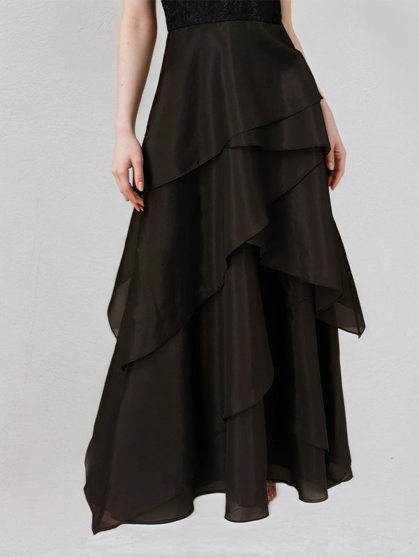 A Line Black Chiffon Off the Shoulder Sleeveless Floor Length Dress With Appliques