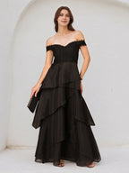 A Line Black Chiffon Off the Shoulder Sleeveless Floor Length Dress With Appliques