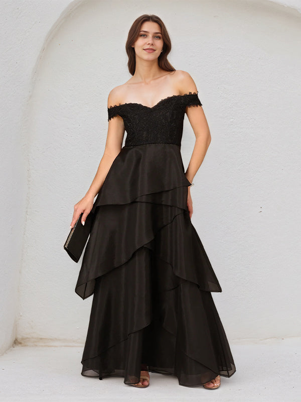 A Line Black Chiffon Off the Shoulder Sleeveless Floor Length Dress With Appliques