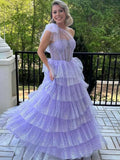 Abito da sera lungo a-linea lilla monospalla in tulle a balze