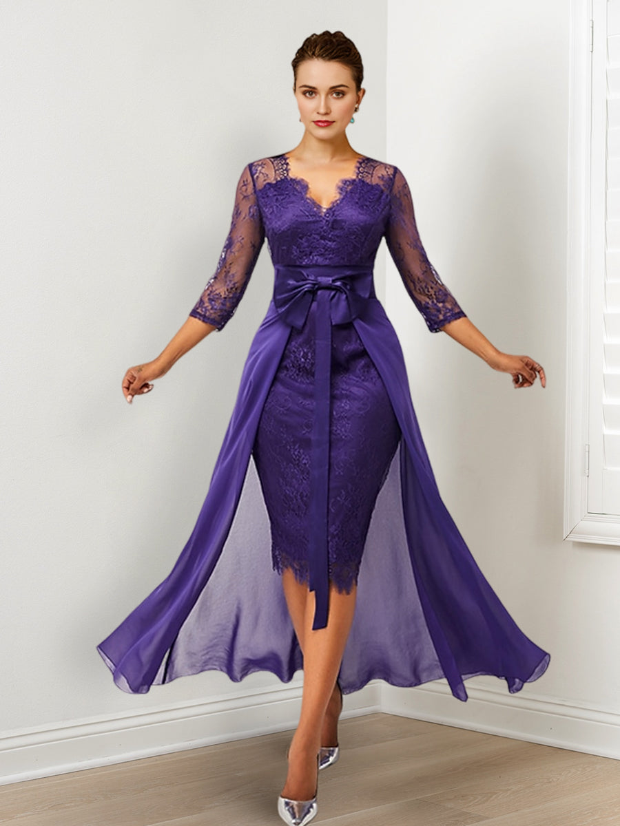 Schlauch-/Säulen-Spitzenkleid mit V-Ausschnitt, Brautmutterkleid mit Watteau-Schleppe