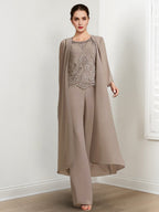 Ensembles pantalon mère de la mariée en mousseline à manches longues avec veste