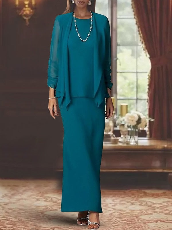 Schlauch-/Säulen-Kleid mit Rundhalsausschnitt, langen Ärmeln, bodenlang, Brautmutterkleid