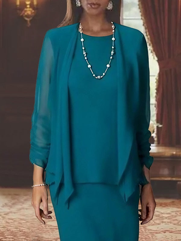 Schlauch-/Säulen-Kleid mit Rundhalsausschnitt, langen Ärmeln, bodenlang, Brautmutterkleid