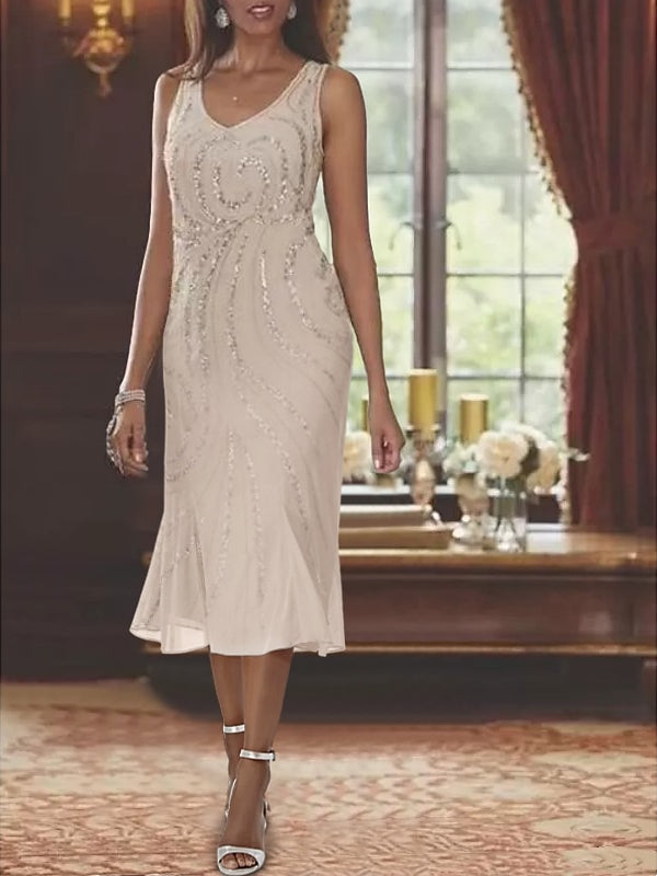 Vestidos de mãe da noiva em chiffon com decote em V, duas peças, com jaqueta e lantejoulas