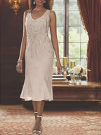 Vestidos de mãe da noiva em chiffon com decote em V, duas peças, com jaqueta e lantejoulas