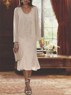 Vestidos de mãe da noiva em chiffon com decote em V, duas peças, com jaqueta e lantejoulas