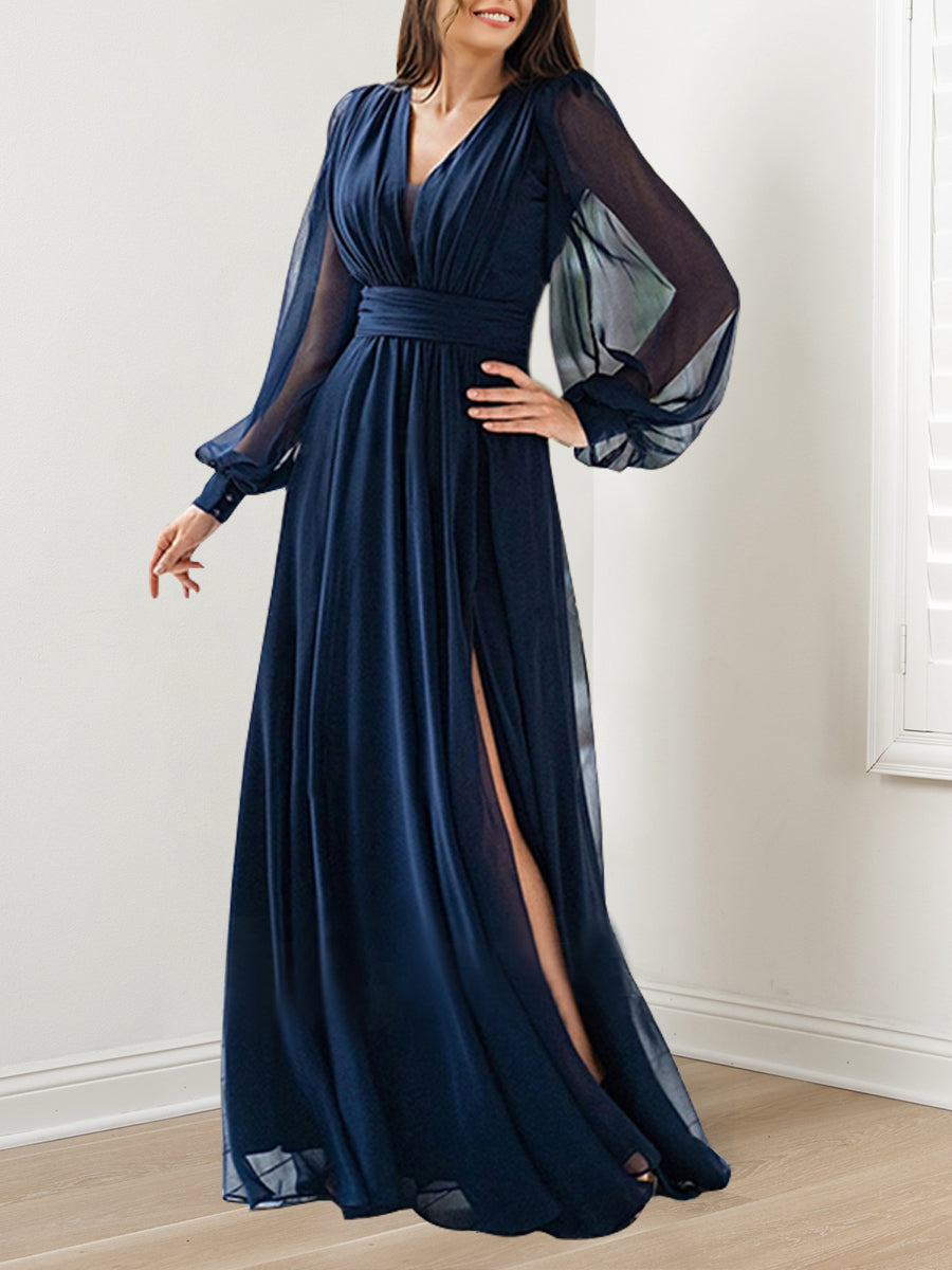 A-Linien/Prinzessinnenkleid mit V-Ausschnitt, langen Ärmeln, bodenlang, Mutter der Braut Kleid