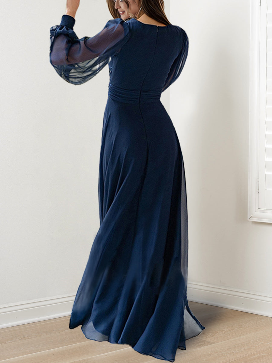 A-Linien/Prinzessinnenkleid mit V-Ausschnitt, langen Ärmeln, bodenlang, Mutter der Braut Kleid