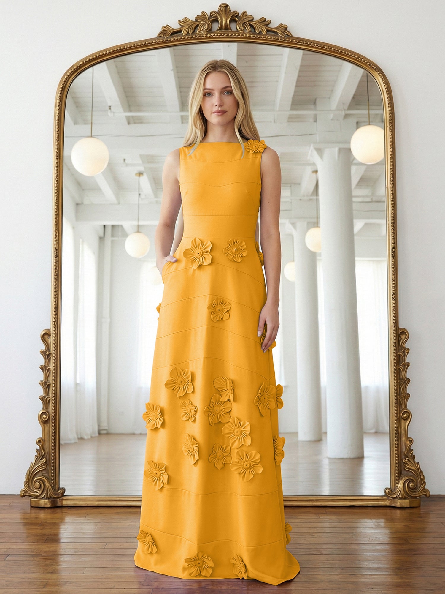 Lavendelfarbenes formelles Kleid mit U-Boot-Ausschnitt und herabfließenden 3D-Blumen