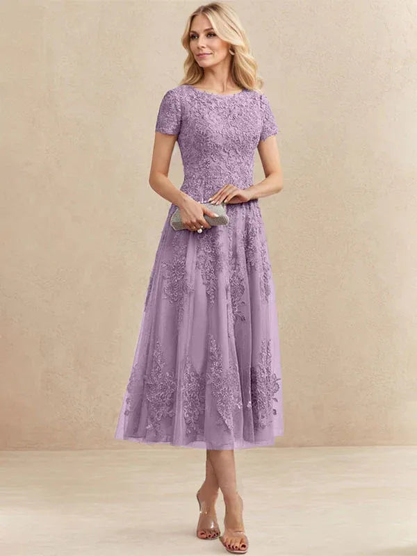 Robe de mère de la mariée A-line en tulle et dentelle, col arrondi, longueur thé