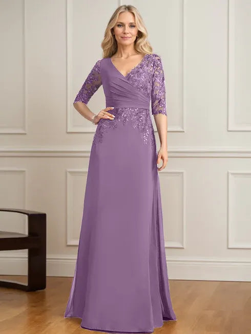 A-Linien V-Ausschnitt bodenlanges Spitzen-Chiffon Kleid der Brautmutter mit plissierten Pailletten