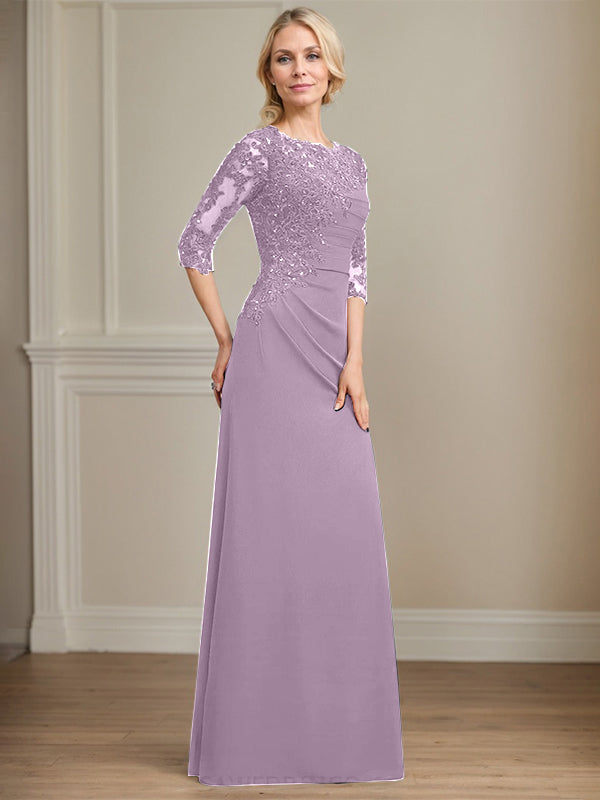 A-Linie Rundhals bodenlanges Chiffon Spitzen Brautmutterkleid mit Perlen Falten Pailletten