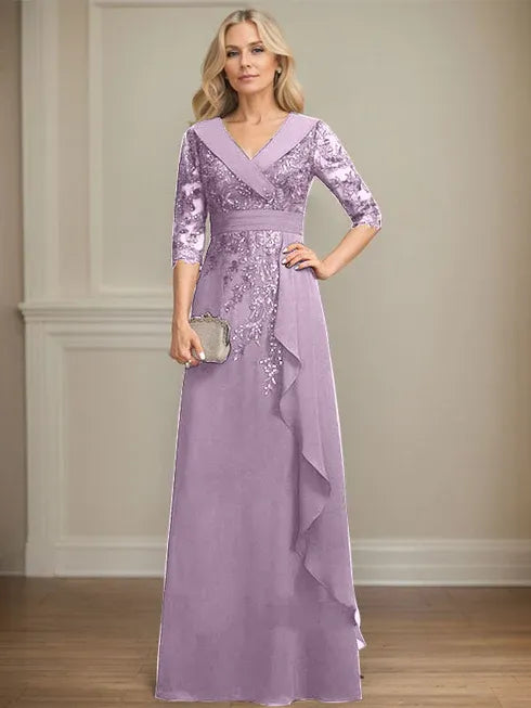 A-Linien Kleid mit Kragen, V-Ausschnitt, bodenlang, aus Spitze und Chiffon, Mutter der Braut Kleid mit Pailletten und fallenden Rüschen