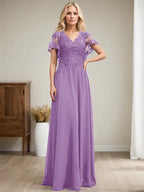 A-Linien V-Ausschnitt Bodenlanges Spitzen-Chiffon Kleid für die Brautmutter mit Pailletten