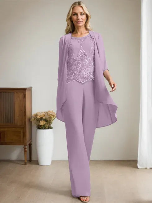 Zweiteiler Jumpsuit/Hosenanzug mit Rundhalsausschnitt, bodenlanges Chiffon-Spitzenkleid für die Mutter der Braut mit Perlen und Pailletten