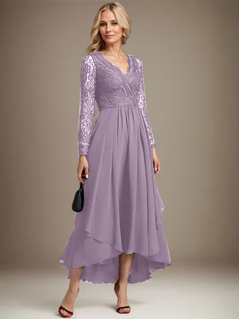 Vestido de madre de la novia en línea A con escote en V, encaje y gasa asimétrica
