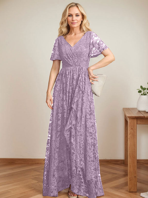 A-Linien Spitzen-Mutter-der-Braut-Kleid mit V-Ausschnitt, asymmetrisch und mit kaskadierenden Rüschen