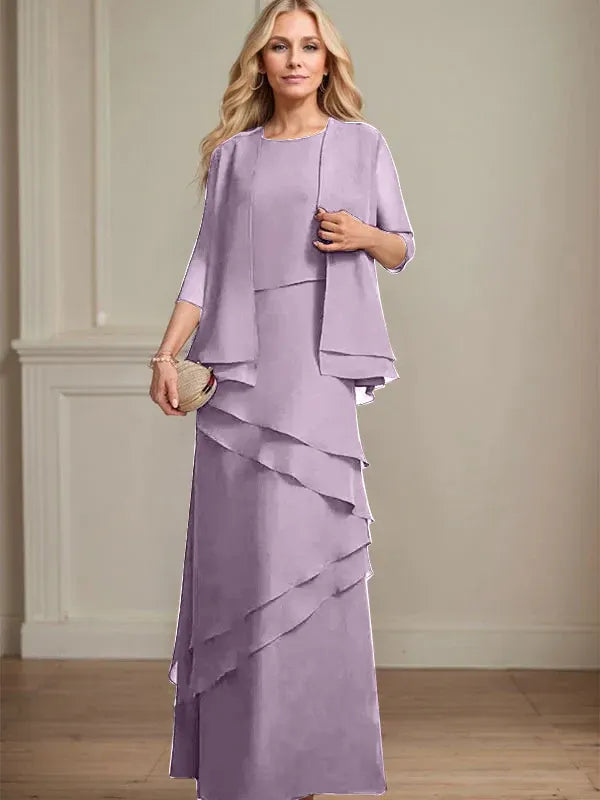 Abito da madre della sposa in chiffon a colonna con scollatura a U e lunghezza fino a terra