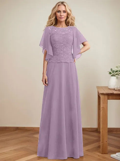 A-Linien Rundhals Illusions-Bodenlanges Spitzen-Chiffon Mutter-der-Braut-Kleid mit Pailletten