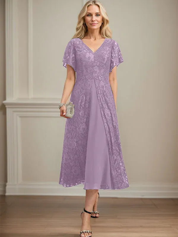 Robe mère de la mariée ligne A en dentelle et mousseline à col en V longueur thé