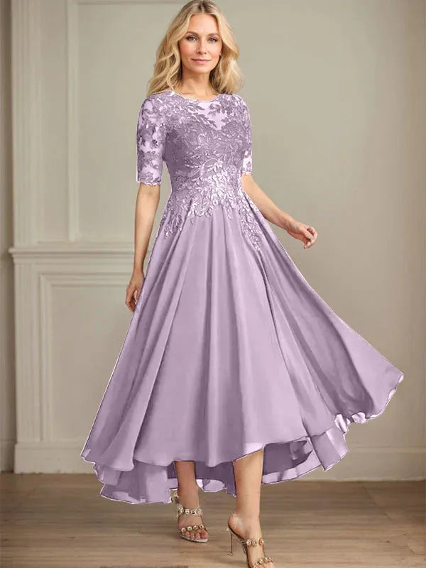 A-Linien Scoop-Ausschnitt Illusion asymmetrisches Chiffon-Spitzen-Mutter-der-Braut-Kleid mit Pailletten