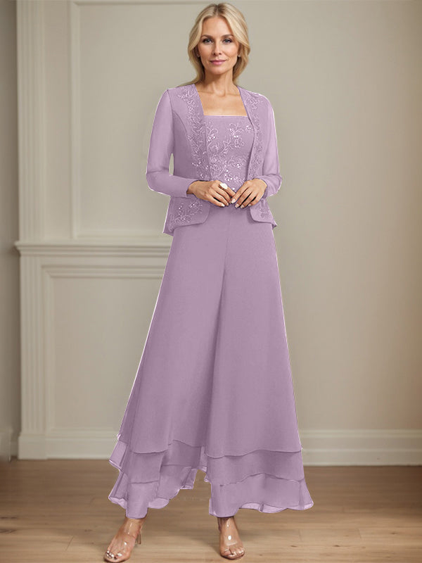Zweiteiler Jumpsuit/Hosenanzug quadratisch knöchellang Spitze Chiffon Brautmutterkleid mit Pailletten