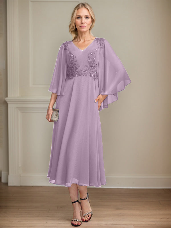 A-Linien-Brautmutterkleid aus Chiffon, V-Ausschnitt, tea-length mit Spitze, Pailletten und Perlen