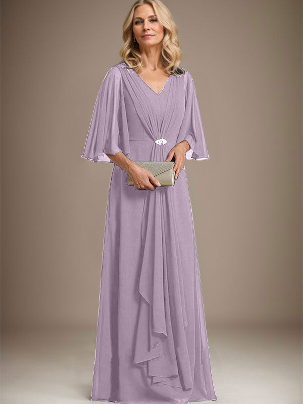 A-Linien V-Ausschnitt Bodenlanges Chiffon Kleid für die Brautmutter mit kaskadierenden Rüschen und Kristallbrosche