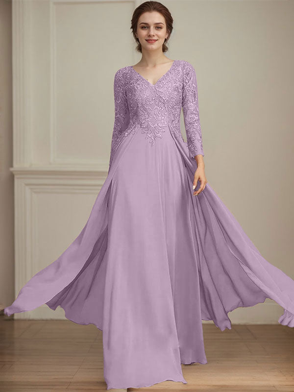 A-Linien V-Ausschnitt Bodenlanges Spitzen-Chiffon Kleid für die Brautmutter mit Pailletten
