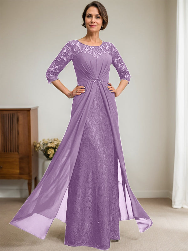 A-Linien Rundhalsausschnitt Illusions-Bodenlanges Spitzen-Chiffonkleid für die Brautmutter mit Perlen und Volants