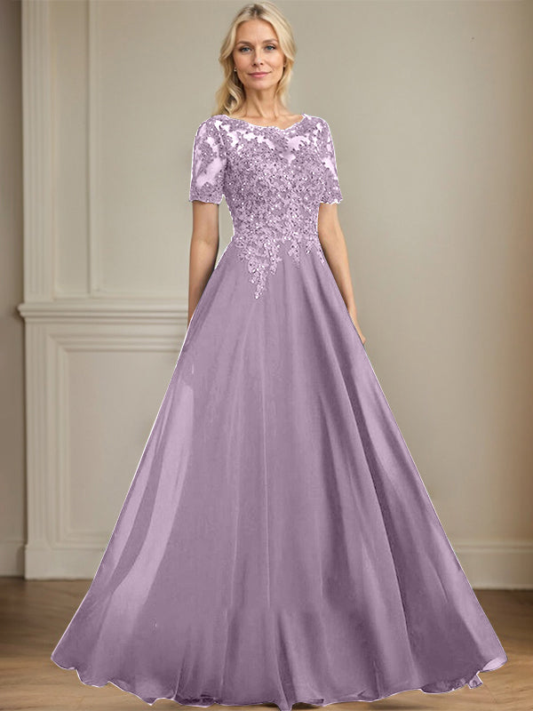 A-Linien Rundhals Illusions-Bodenlanges Chiffon-Spitzenkleid für die Mutter der Braut mit Pailletten und Perlen
