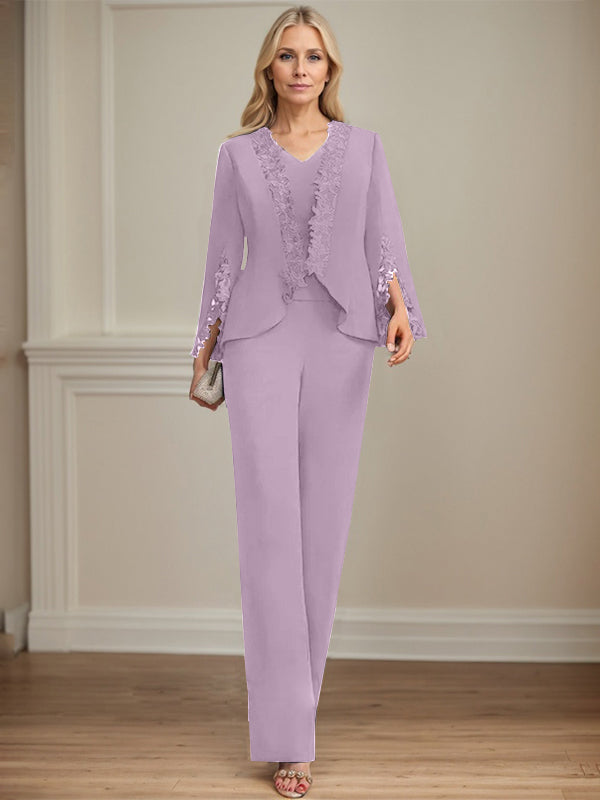 Zweiteiler Jumpsuit/Hosenanzug V-Ausschnitt bodenlanges Chiffon Mutter der Braut Kleid