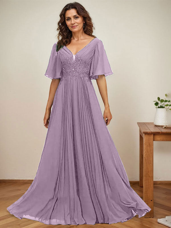 A-Linien V-Ausschnitt bodenlanges Chiffon Mutterkleid der Braut mit Pailletten-Applikationen, Spitze und Falten