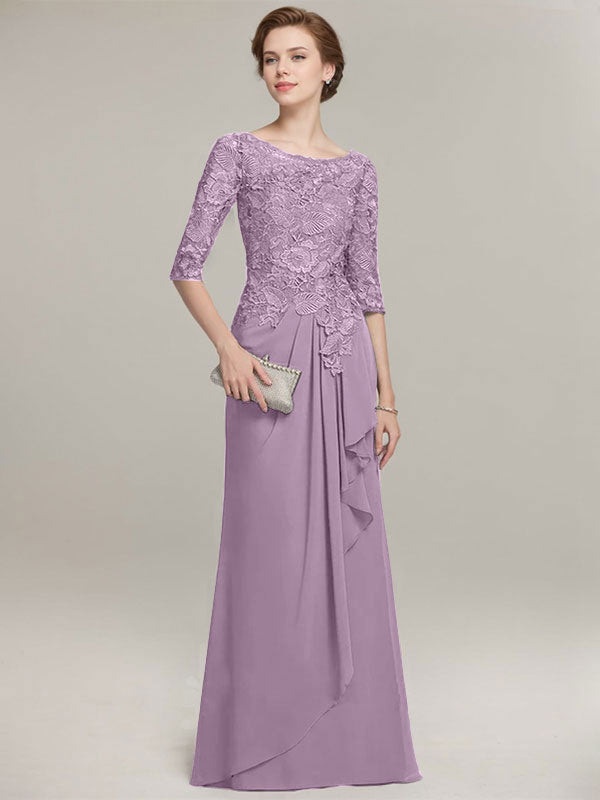A-Linien Rundhalsausschnitt Illusions bodenlanges Spitzen-Chiffon Mutter der Braut Kleid mit kaskadierenden Rüschen