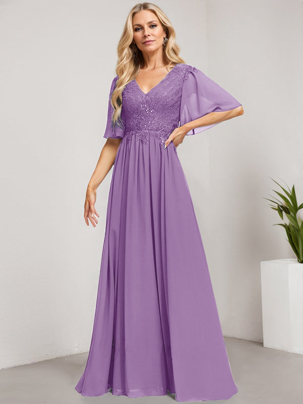 Robe mère de la mariée ligne A col en V longue en dentelle et chiffon avec sequins
