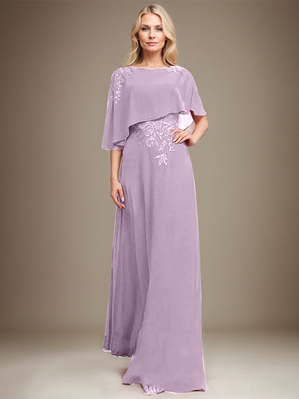 A-Linie Rundhals Bodenlanges Chiffon-Spitzenkleid für die Brautmutter mit Pailletten und Perlen