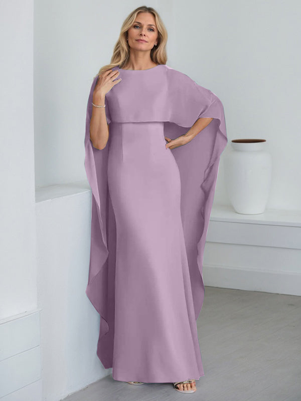 Etui-Kleid mit Rundhalsausschnitt, bodenlang, Chiffon, Mutter-der-Braut-Kleid mit kaskadierenden Rüschen