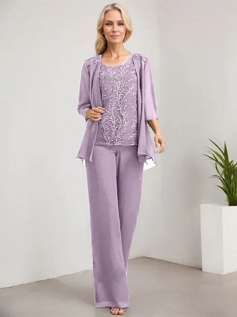 Zweiteiler Jumpsuit/Hosenanzug U-Ausschnitt bodenlanges Spitzen Chiffon Mutter der Braut Kleid mit Pailletten