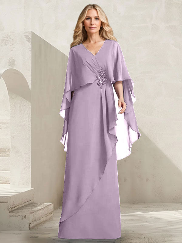 Robe mère de la mariée longue en chiffon coupe trapèze à col en V avec volants en cascade et perles