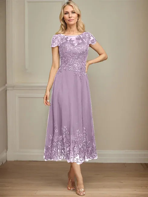 A-Linien Illusions Rundhals tea-langes Spitzenchiffon Mutter der Braut Kleid mit Pailletten