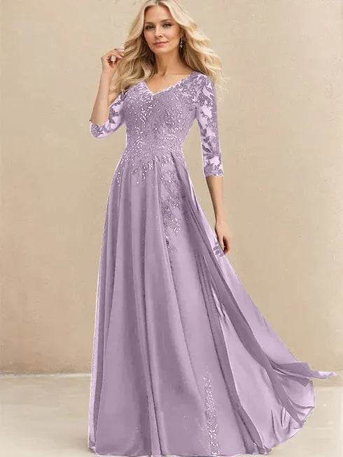 A-Linien V-Ausschnitt Bodenlanges Spitzen-Chiffon Kleid für die Brautmutter mit Pailletten