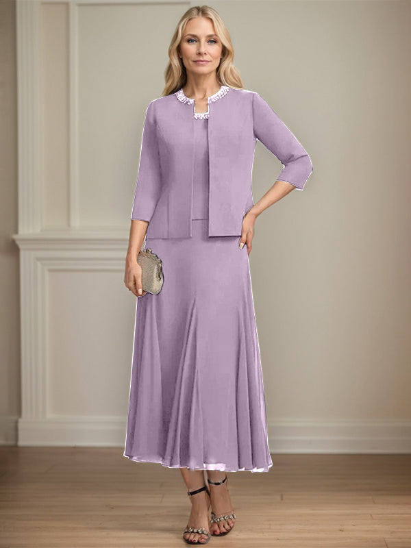 Separates A-Linien Chiffonkleid mit Rundhalsausschnitt, tea-length, Mutter der Braut mit Pailletten und Perlen