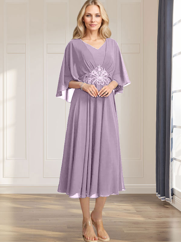 Robe de mère de la mariée en mousseline, longueur thé, col en V, en ligne A, avec appliques plissées, sequins, dentelle et perles