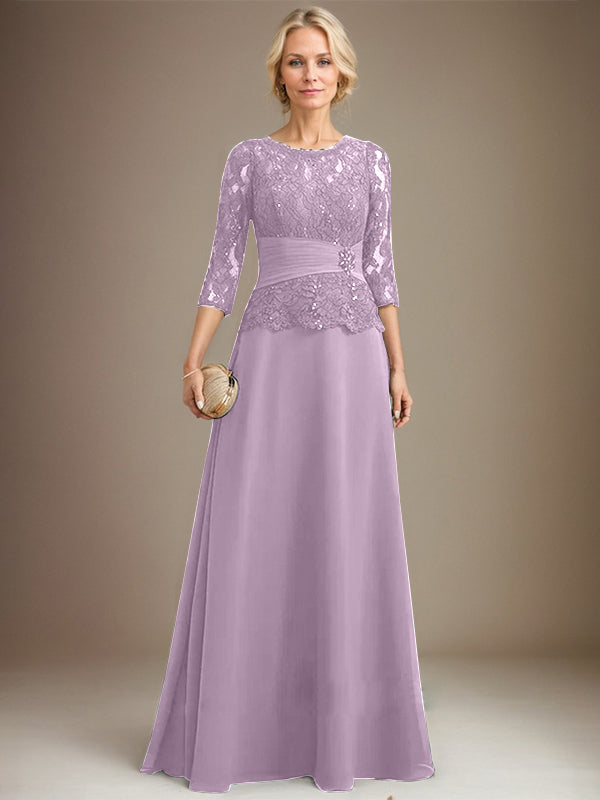 A-Linien Kleid mit Scoop-Ausschnitt, Illusion, bodenlangem Chiffon und Spitze, Mutter-der-Braut-Kleid mit plissierten Pailletten und Perlenbesatz