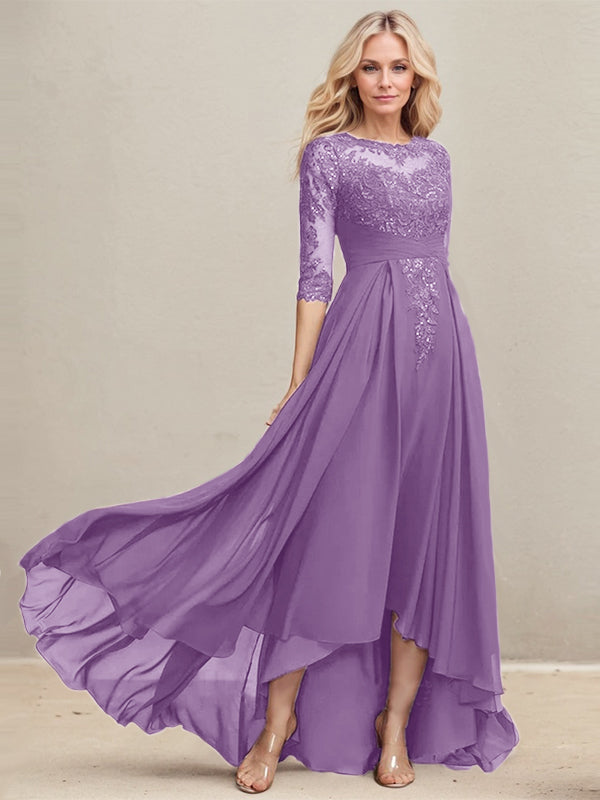 A-Linien Ausschnitt Illusions Asymmetrisches Spitzen-Chiffon Kleid für die Mutter der Braut mit plissierten Pailletten