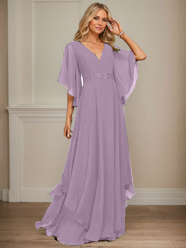 A-Linien V-Ausschnitt bodenlanges Chiffon-Mutter-der-Braut-Kleid mit Pailletten-Applikationen, Spitze und Perlen