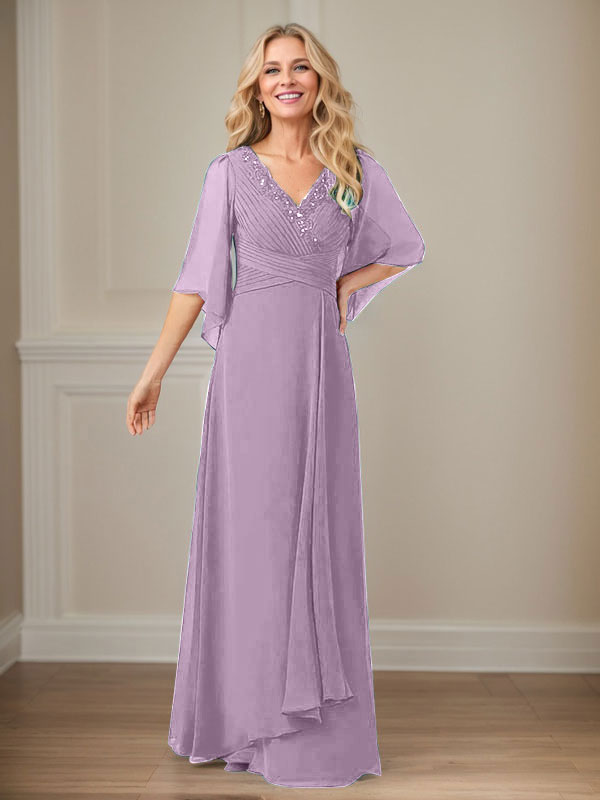 A-Linien V-Ausschnitt langes Pailletten-Chiffon Mutterkleid