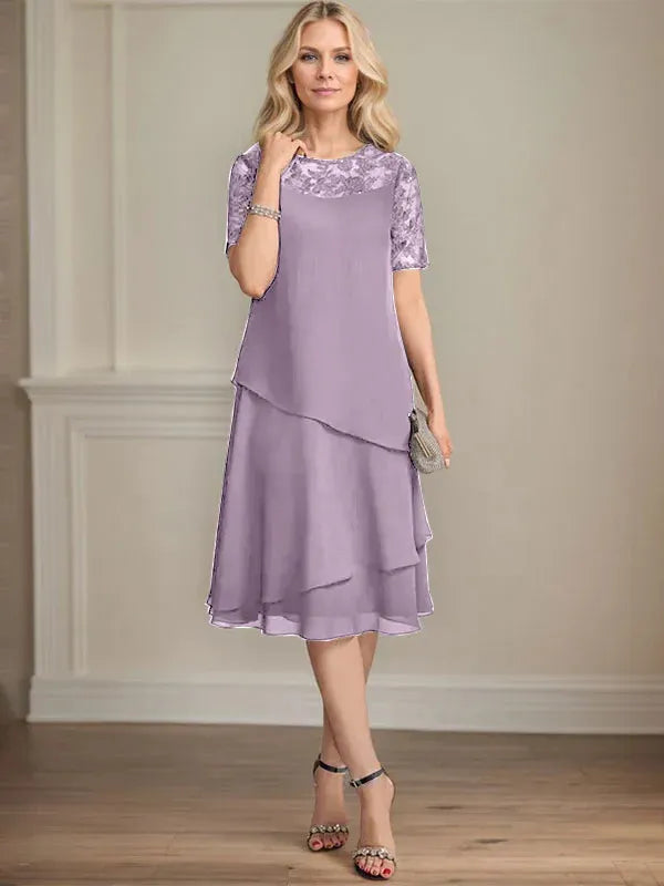 A-Linien Rundhals Illusions-Knie-Länge Spitzen-Chiffon Kleid für die Brautmutter mit Pailletten