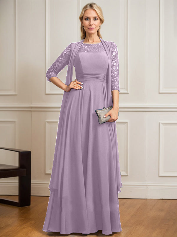 A-Linien Kleid mit Rundhalsausschnitt, Illusion, bodenlang aus Spitze und Chiffon, Mutter-der-Braut-Kleid mit Faltenwurf